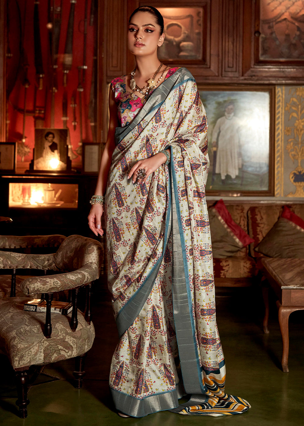 Buy MySilkLove Sisal Off White Printed Banarasi Saree Online