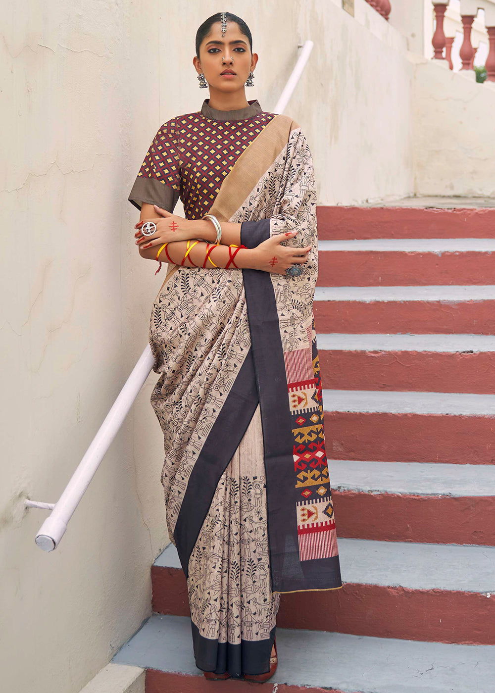 Buy MySilkLove Malta Cream and Brown Printed Designer Banarasi Saree Online