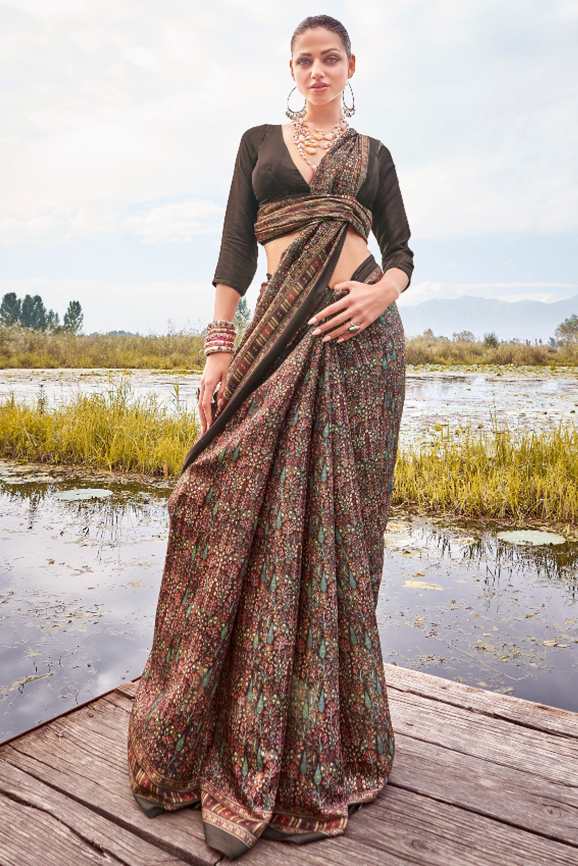 MySilkLove Soya Brown Printed Pashmina Silk Saree