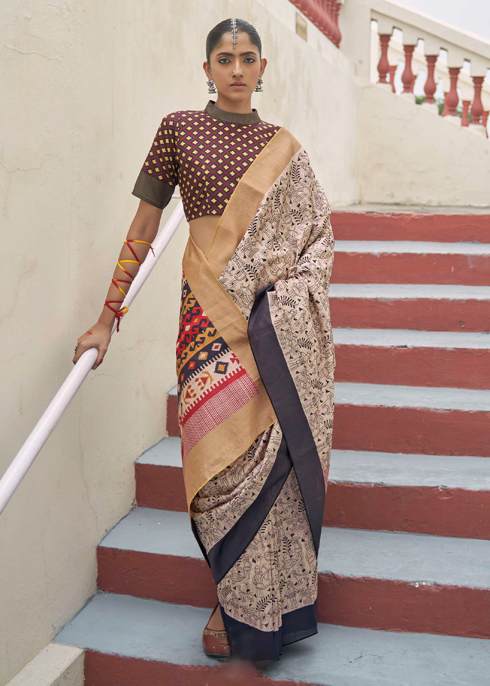 Buy MySilkLove Malta Cream and Brown Printed Designer Banarasi Saree Online