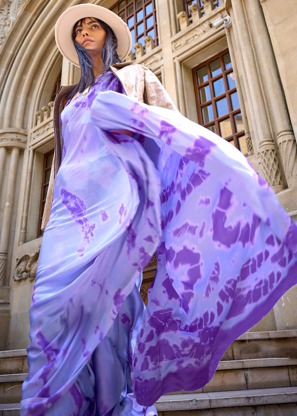 MySilkLove Medium Purple Printed Satin Crepe Sarees