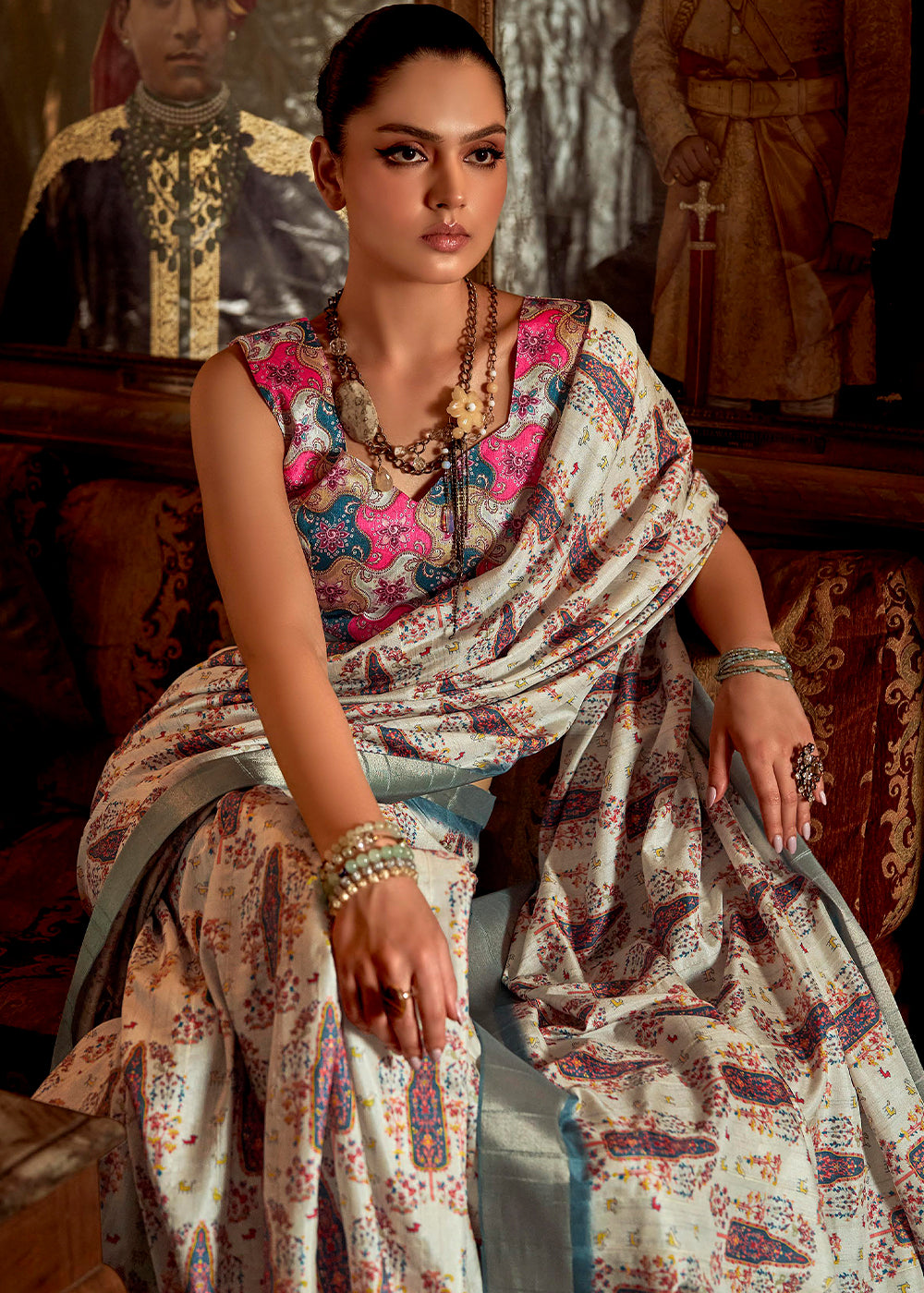 Buy MySilkLove Sisal Off White Printed Banarasi Saree Online
