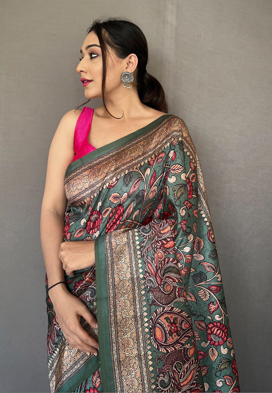 MySilkLove Smoke Green Soft Kalamkari Printed Silk Saree