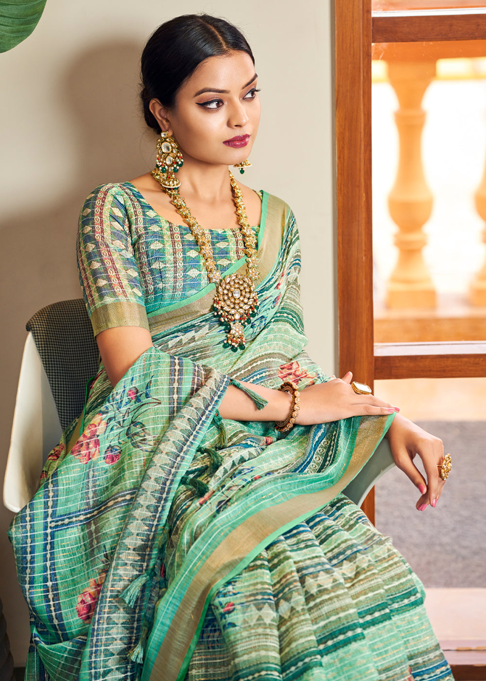 MySilkLove Silver Tree Green Linen Saree with Digital Print