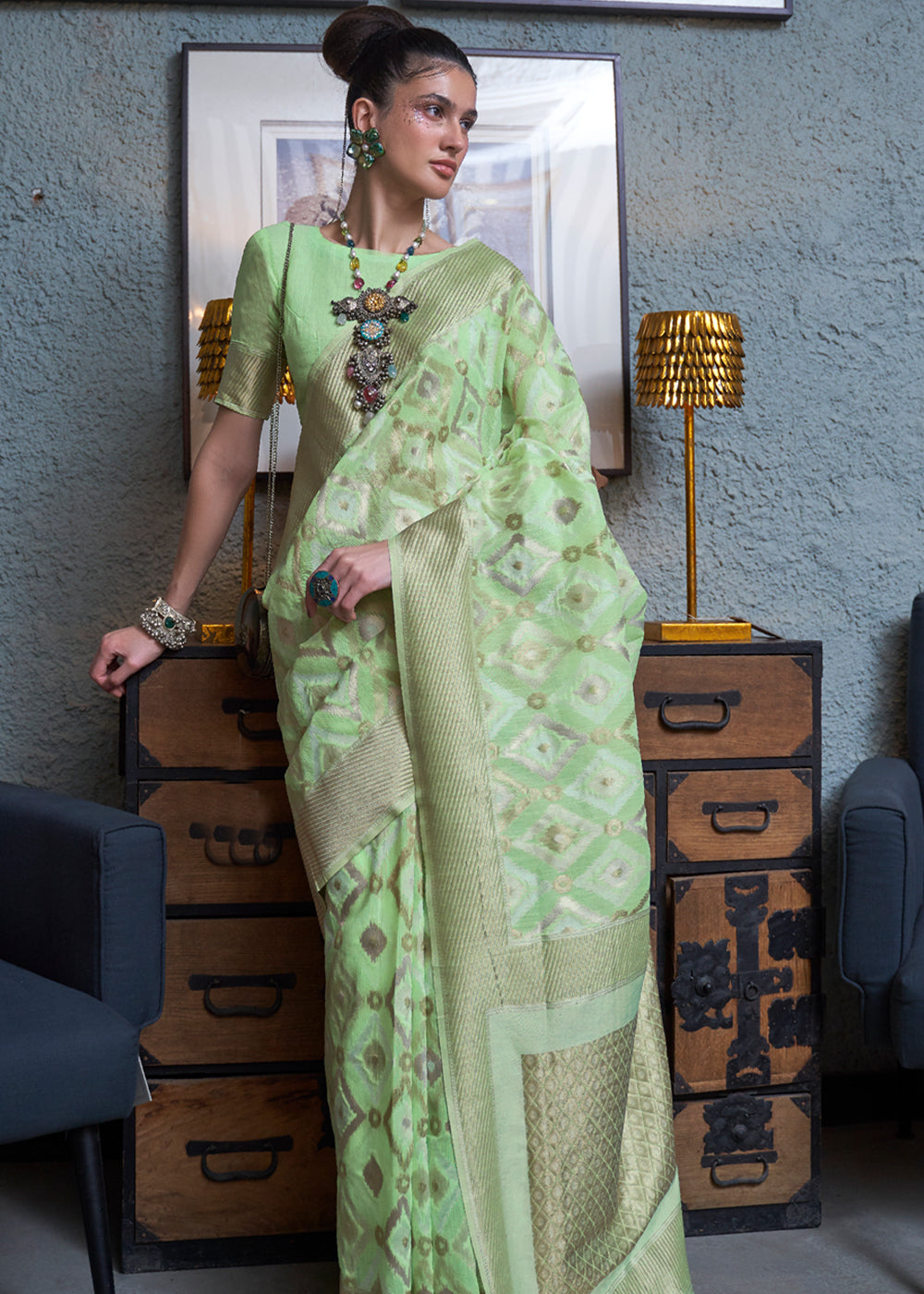 Buy MySilkLove Sprout Green Woven Banarasi Linen Silk Saree Online
