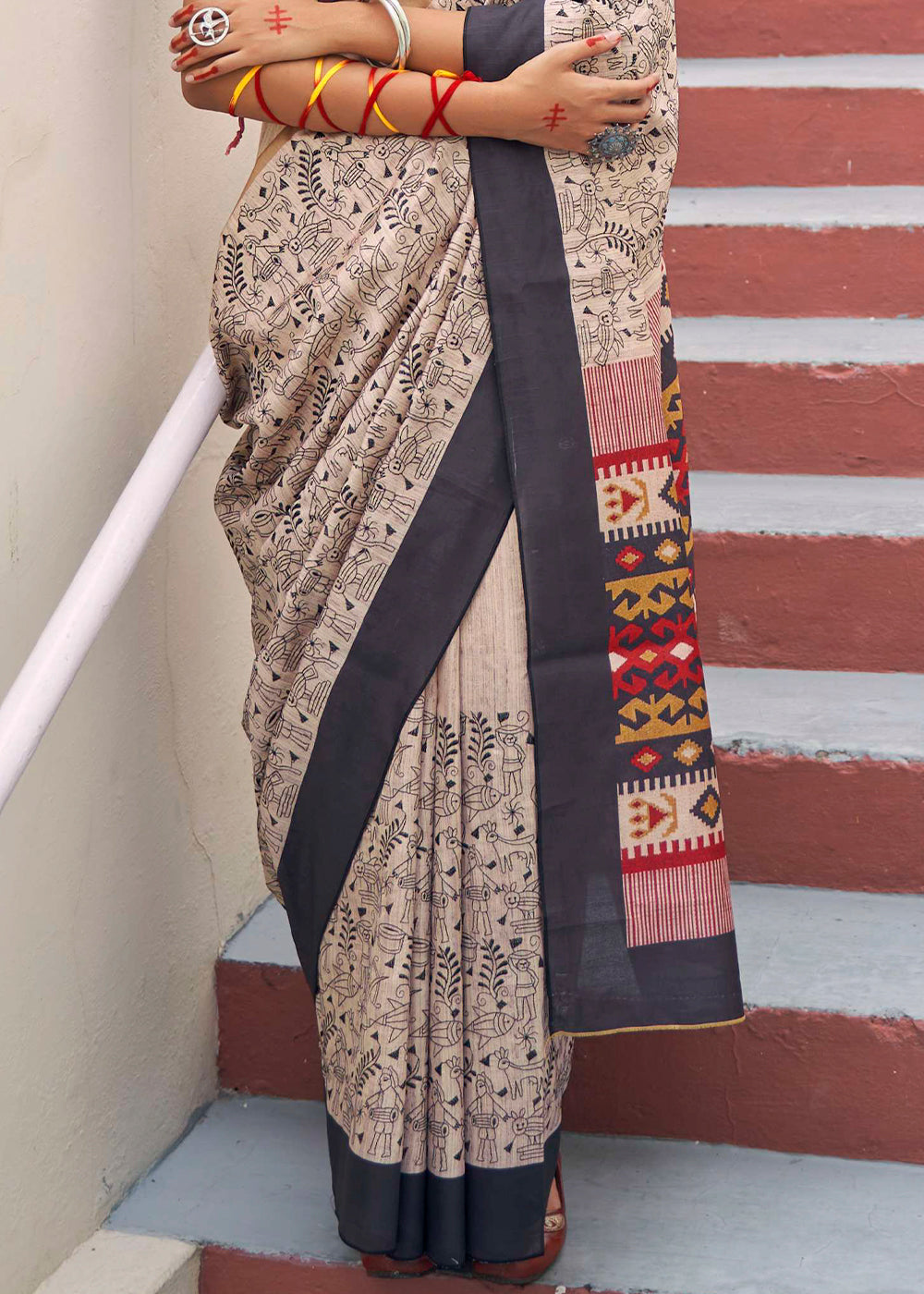 Buy MySilkLove Malta Cream and Brown Printed Designer Banarasi Saree Online