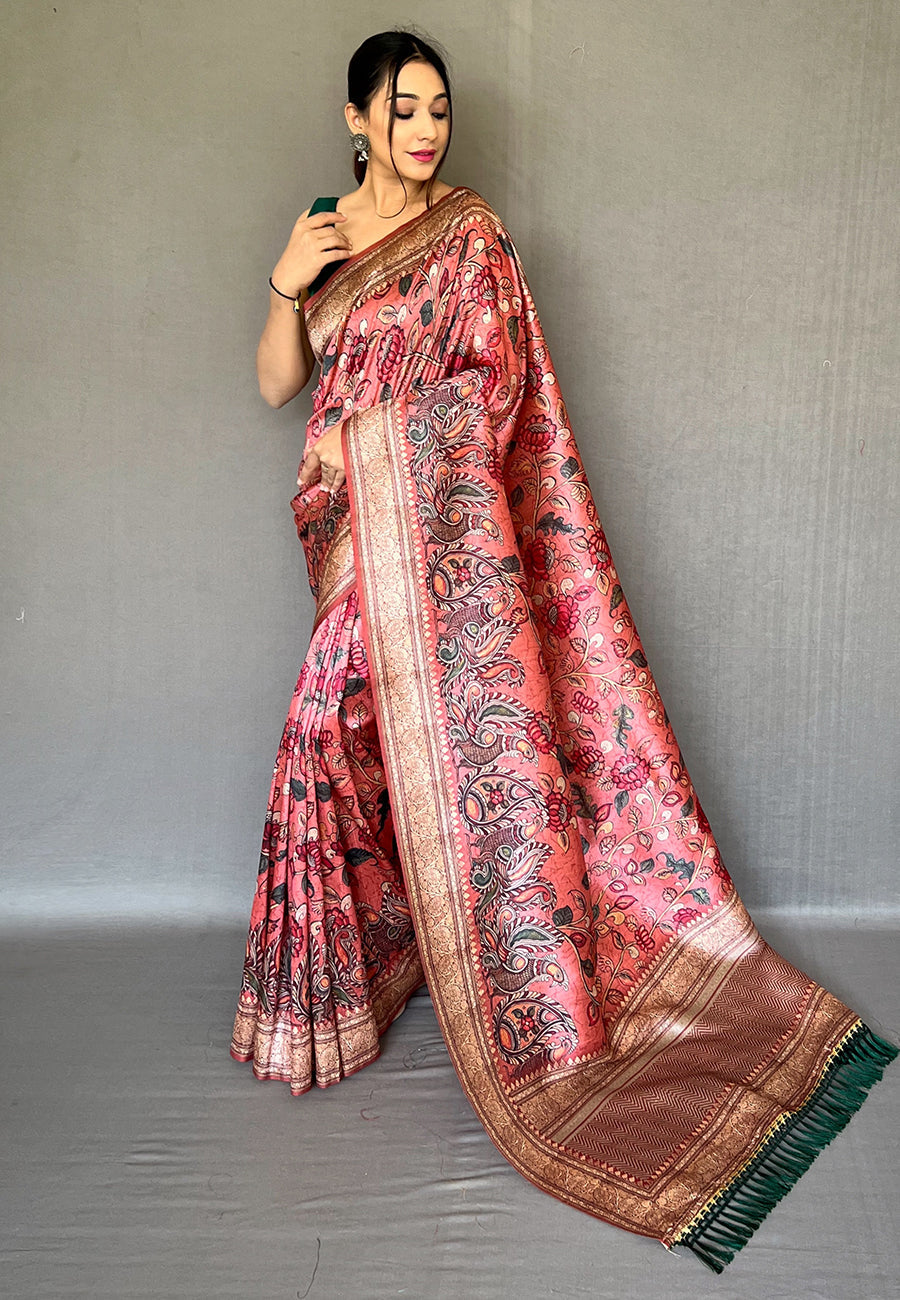 Buy MySilkLove Shimmering Pink Soft Kalamkari Printed Silk Saree Online