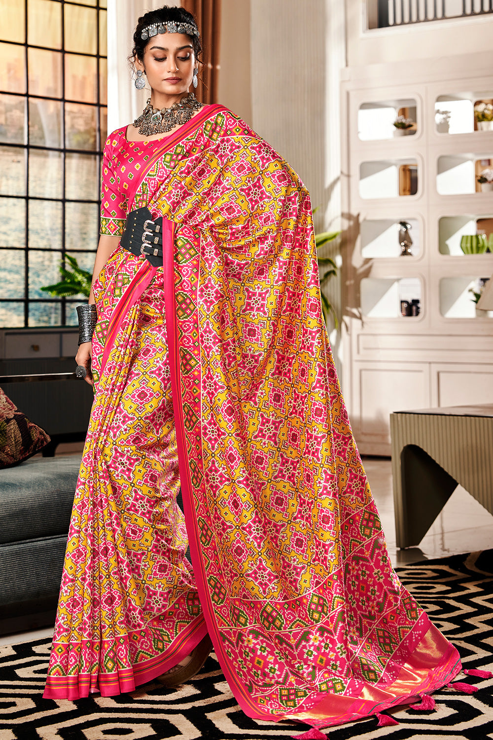 Buy MySilkLove Equator Yellow and Pink Printed Patola Saree Online