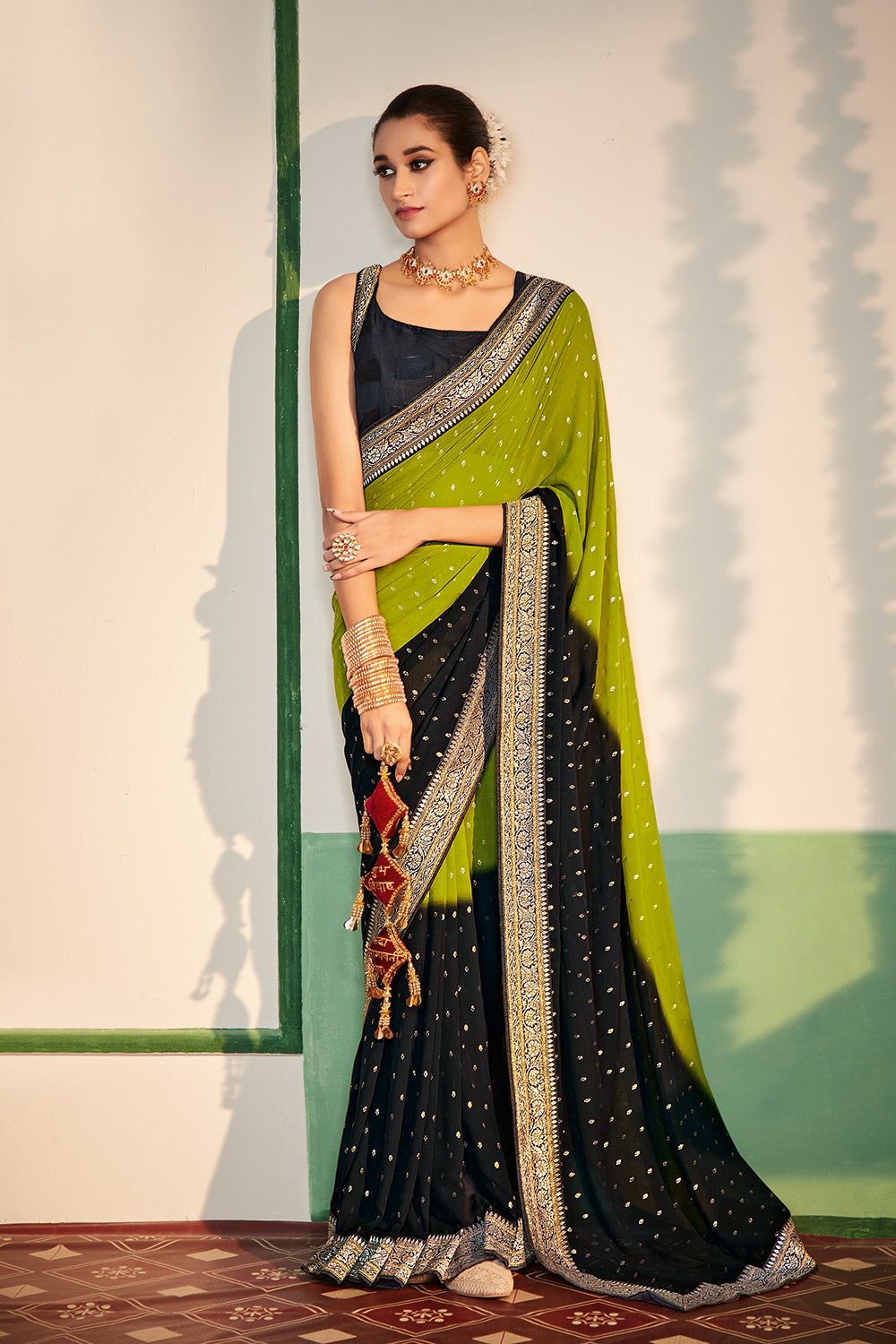 Buy MySilkLove Toddy Green and Black Printed Georgette Saree Online