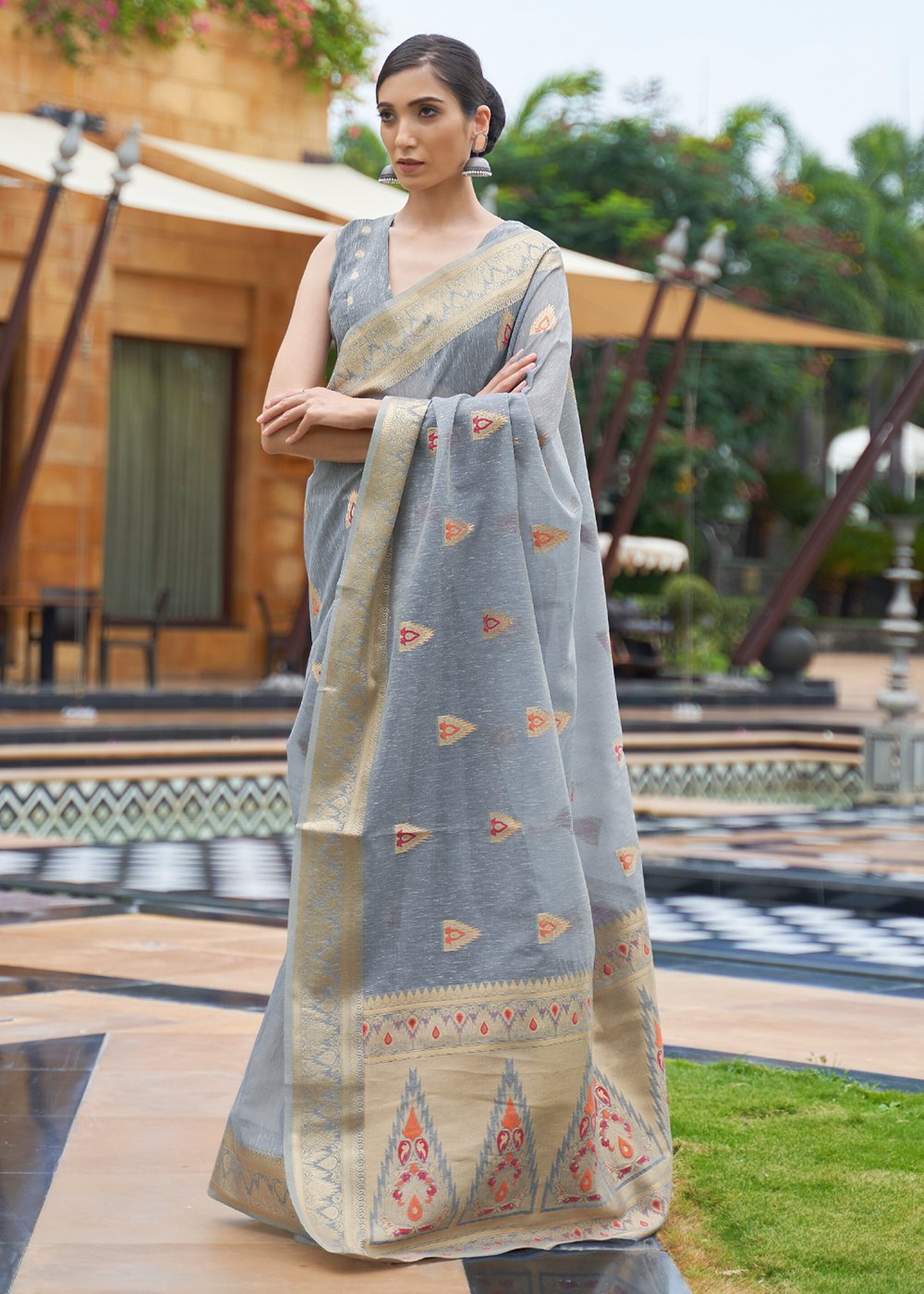 MySilkLove Pale Sky Grey Zari Woven Banarasi Linen Saree