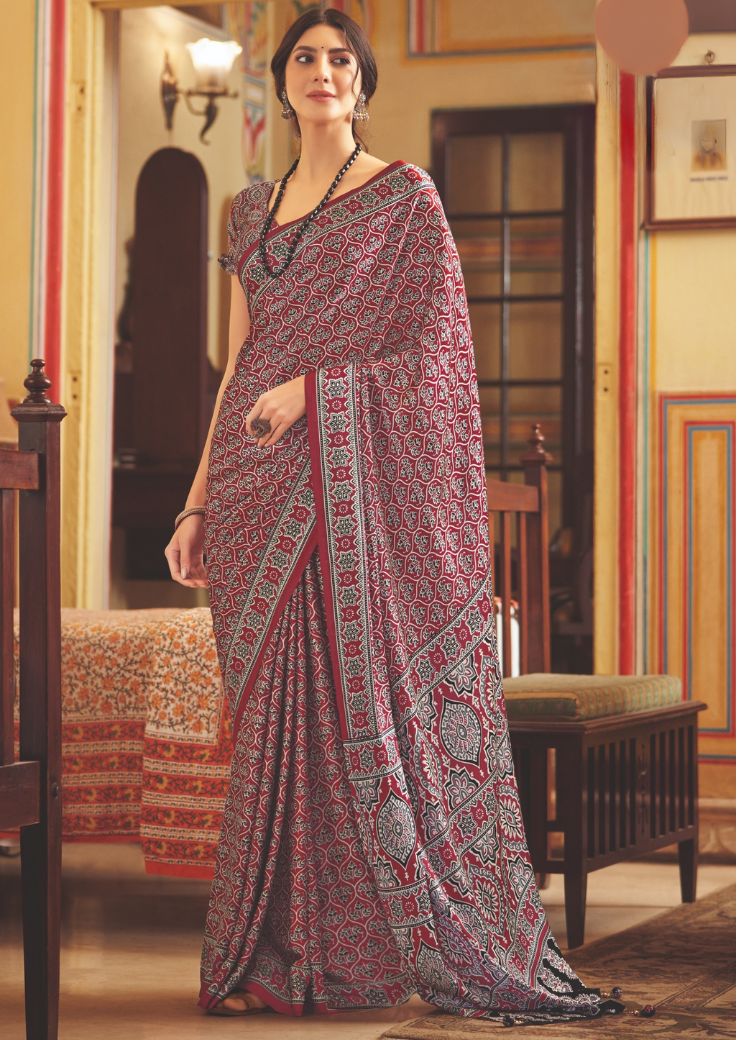 Buy MySilkLove Chic Maroon Ajrakh Printed Satin Crepe Saree Online