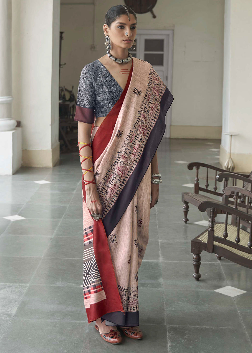Buy MySilkLove Rodeo Dust Cream and Red Printed Designer Banarasi Saree Online