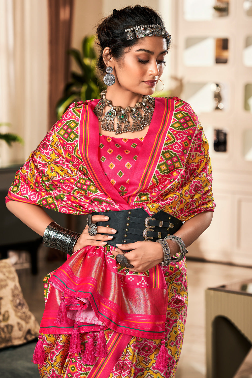 Buy MySilkLove Equator Yellow and Pink Printed Patola Saree Online