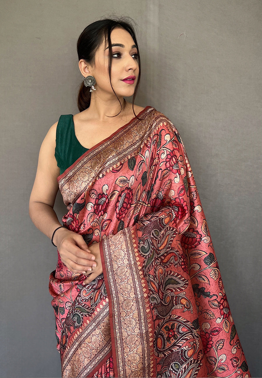 MySilkLove Shimmering Pink Soft Kalamkari Printed Silk Saree