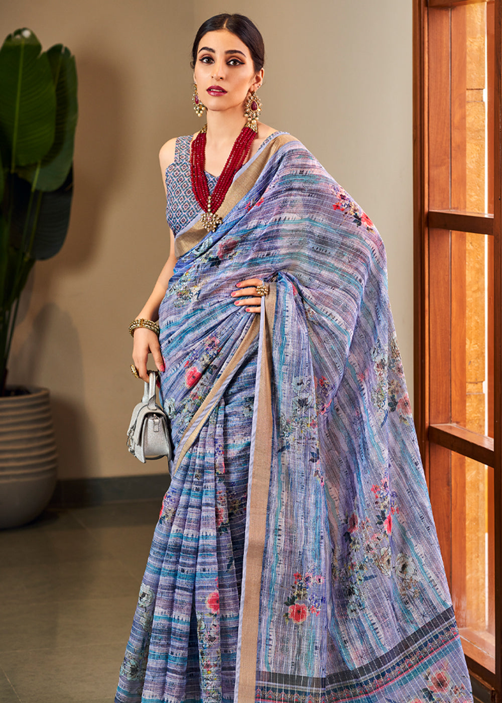 MySilkLove Blue Yonder Linen Saree with Digital Print