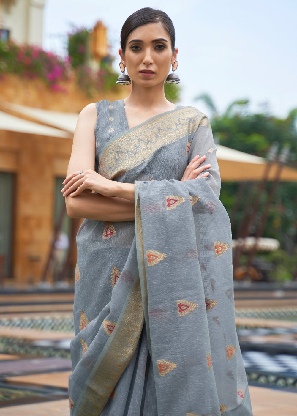 Buy MySilkLove Pale Sky Grey Zari Woven Banarasi Linen Saree Online