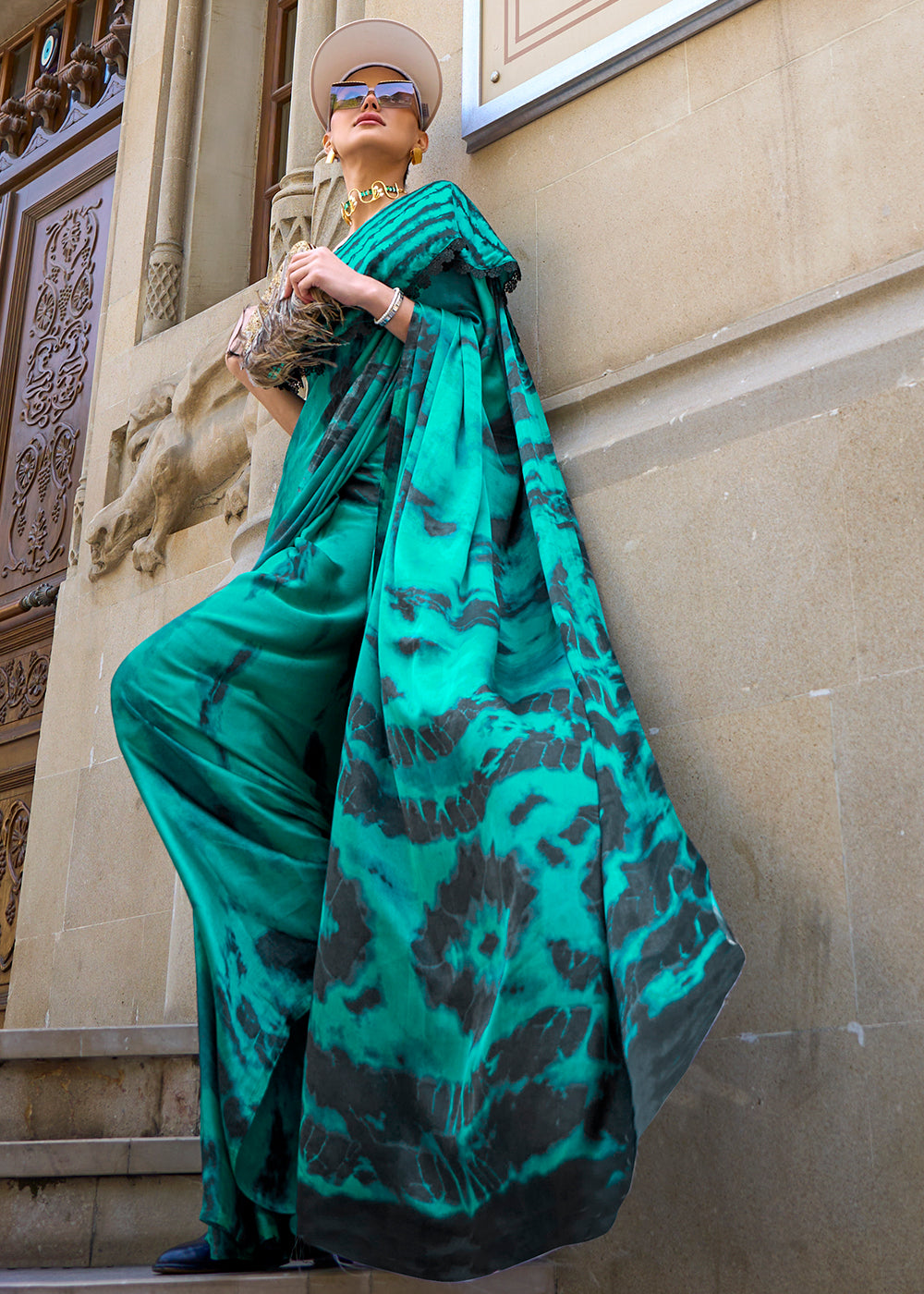 MySilkLove Turquoise Green Printed Satin Crepe Sarees