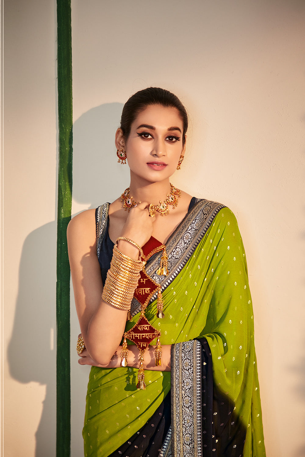 MySilkLove Toddy Green and Black Printed Georgette Saree