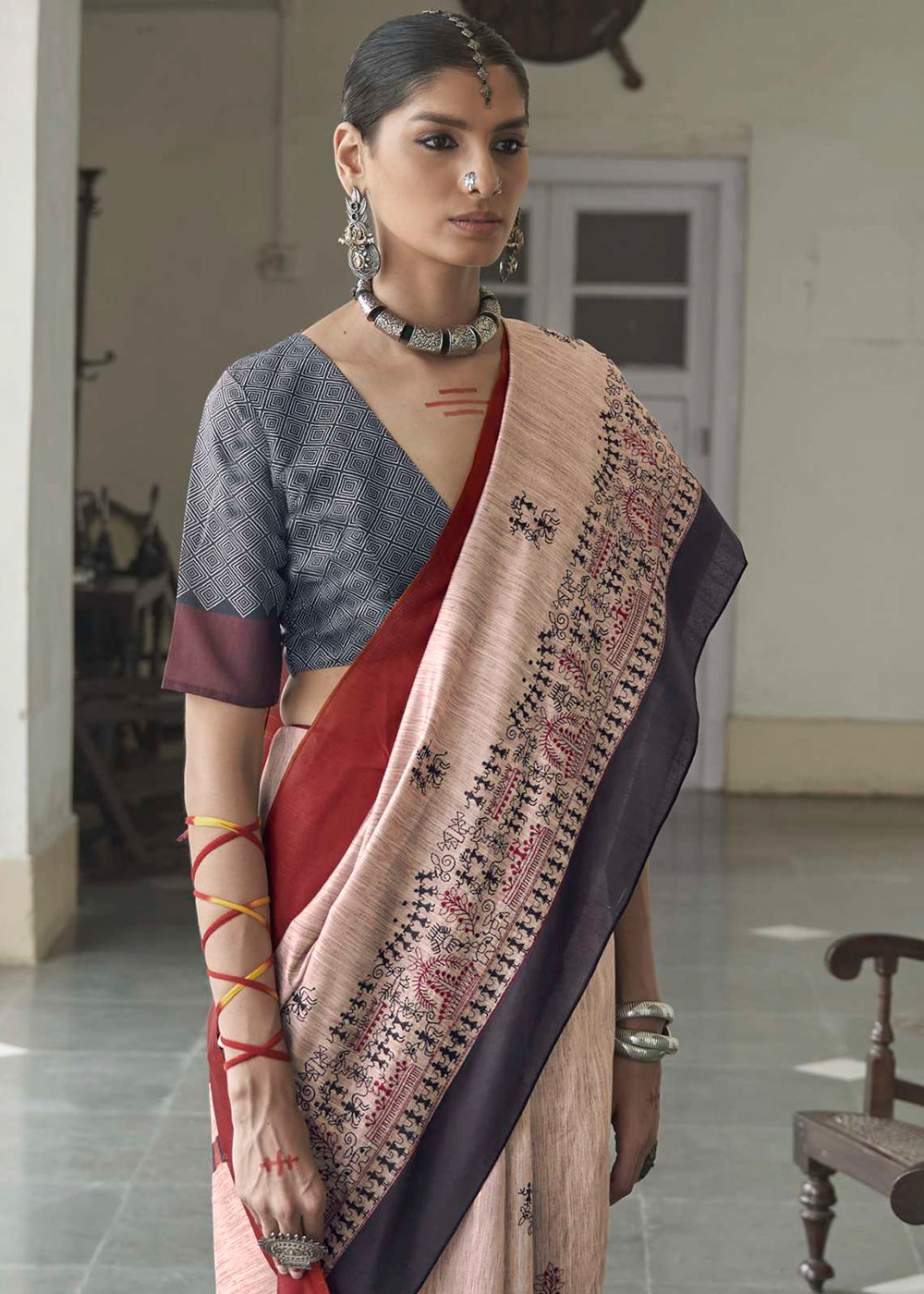 MySilkLove Rodeo Dust Cream and Red Printed Designer Banarasi Saree
