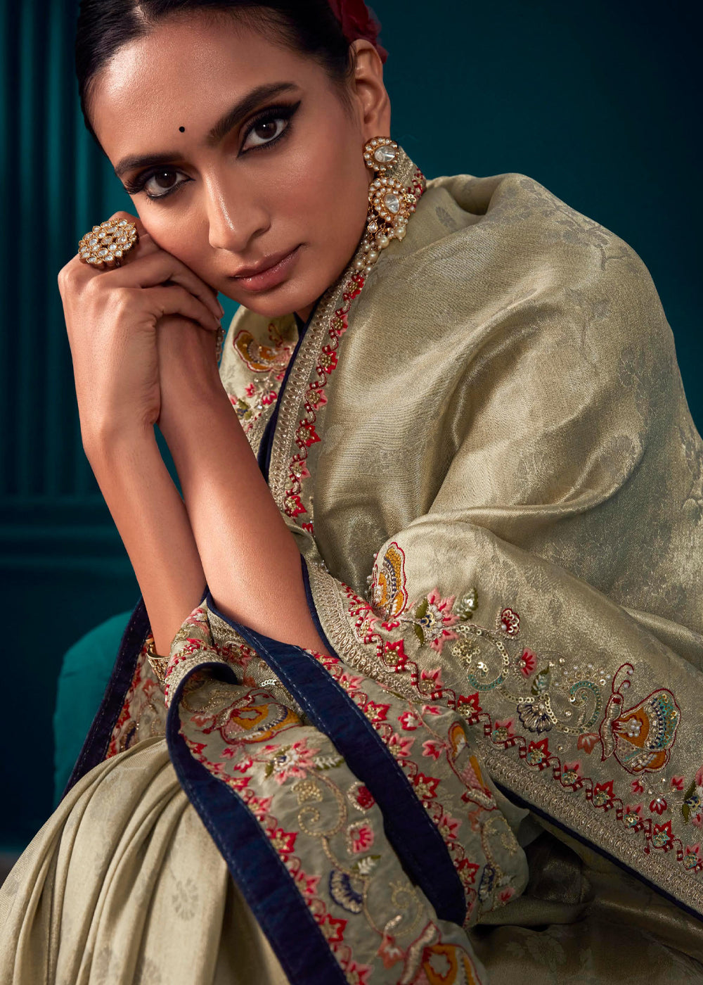 Buy MySilkLove Hampton Cream Woven Embroidered Banarasi Silk Saree Online