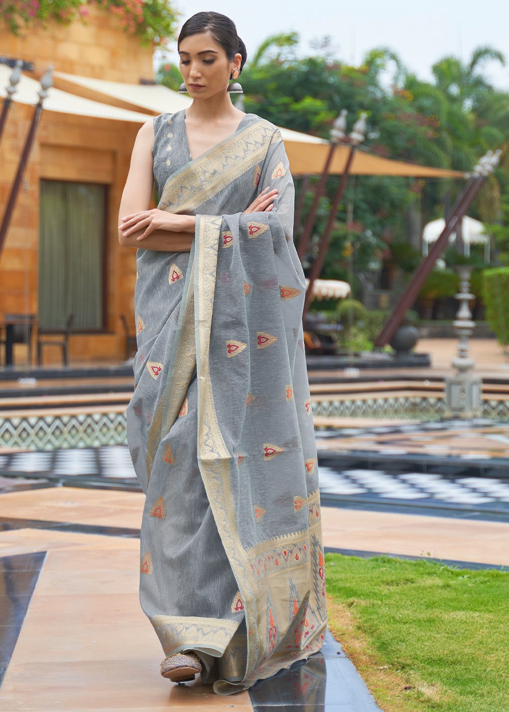 Buy MySilkLove Pale Sky Grey Zari Woven Banarasi Linen Saree Online