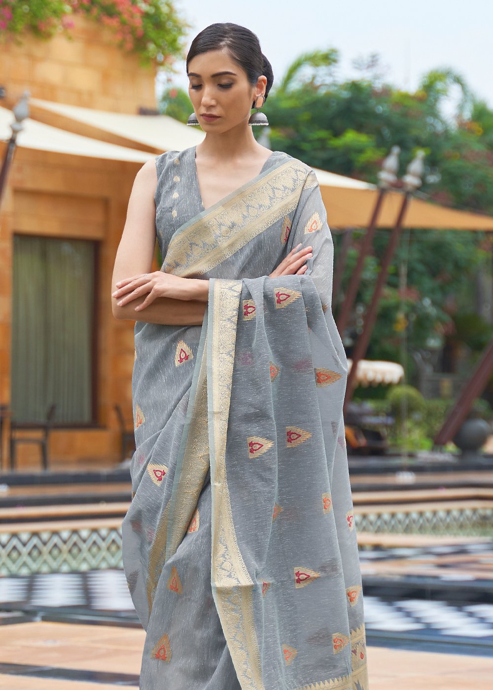 Buy MySilkLove Pale Sky Grey Zari Woven Banarasi Linen Saree Online