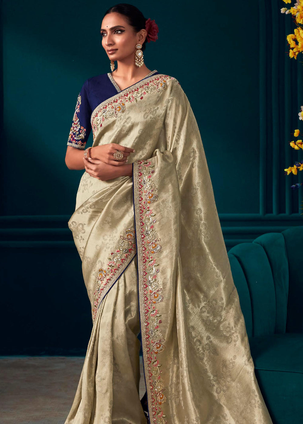 Buy MySilkLove Hampton Cream Woven Embroidered Banarasi Silk Saree Online