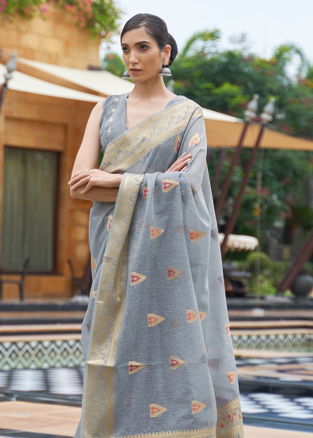 Buy MySilkLove Pale Sky Grey Zari Woven Banarasi Linen Saree Online