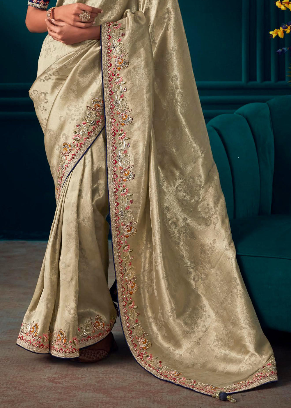 Buy MySilkLove Hampton Cream Woven Embroidered Banarasi Silk Saree Online