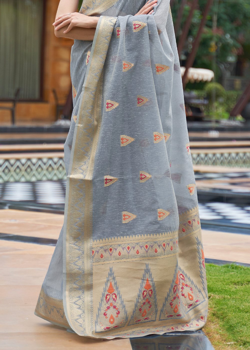 Buy MySilkLove Pale Sky Grey Zari Woven Banarasi Linen Saree Online