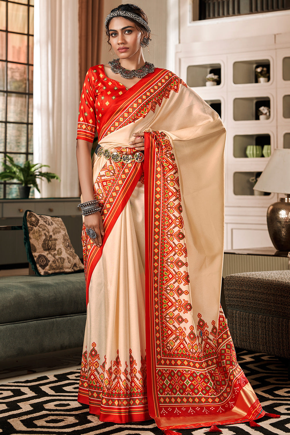 Buy MySilkLove Mandys Cream and Red Printed Patola Saree Online