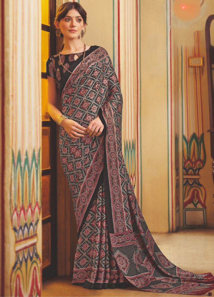 Buy MySilkLove Mondo Black Ajrakh Printed Satin Crepe Saree Online