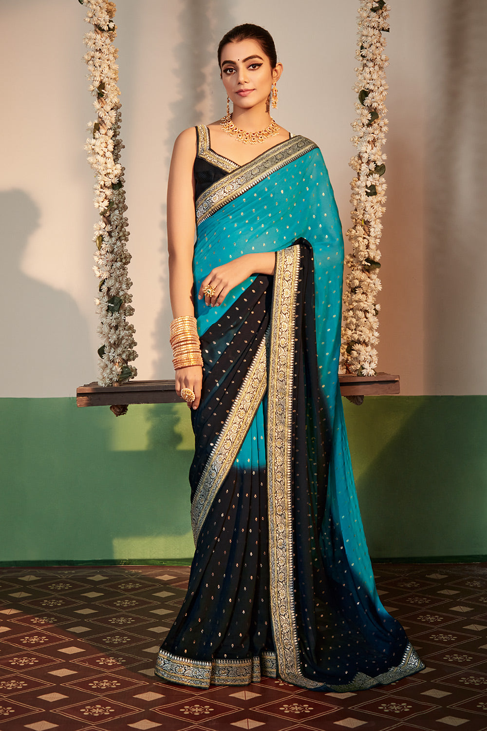 Buy MySilkLove Jade Blue and Black Printed Georgette Saree Online