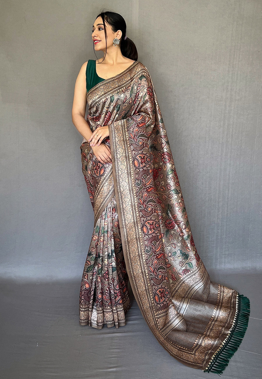 Buy MySilkLove Dune Grey Soft Kalamkari Printed Silk Saree Online