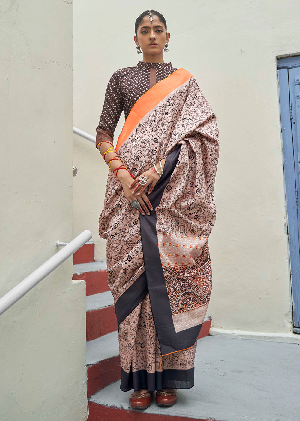 Buy MySilkLove Cold Turkey Cream and Orange Printed Designer Banarasi Saree Online
