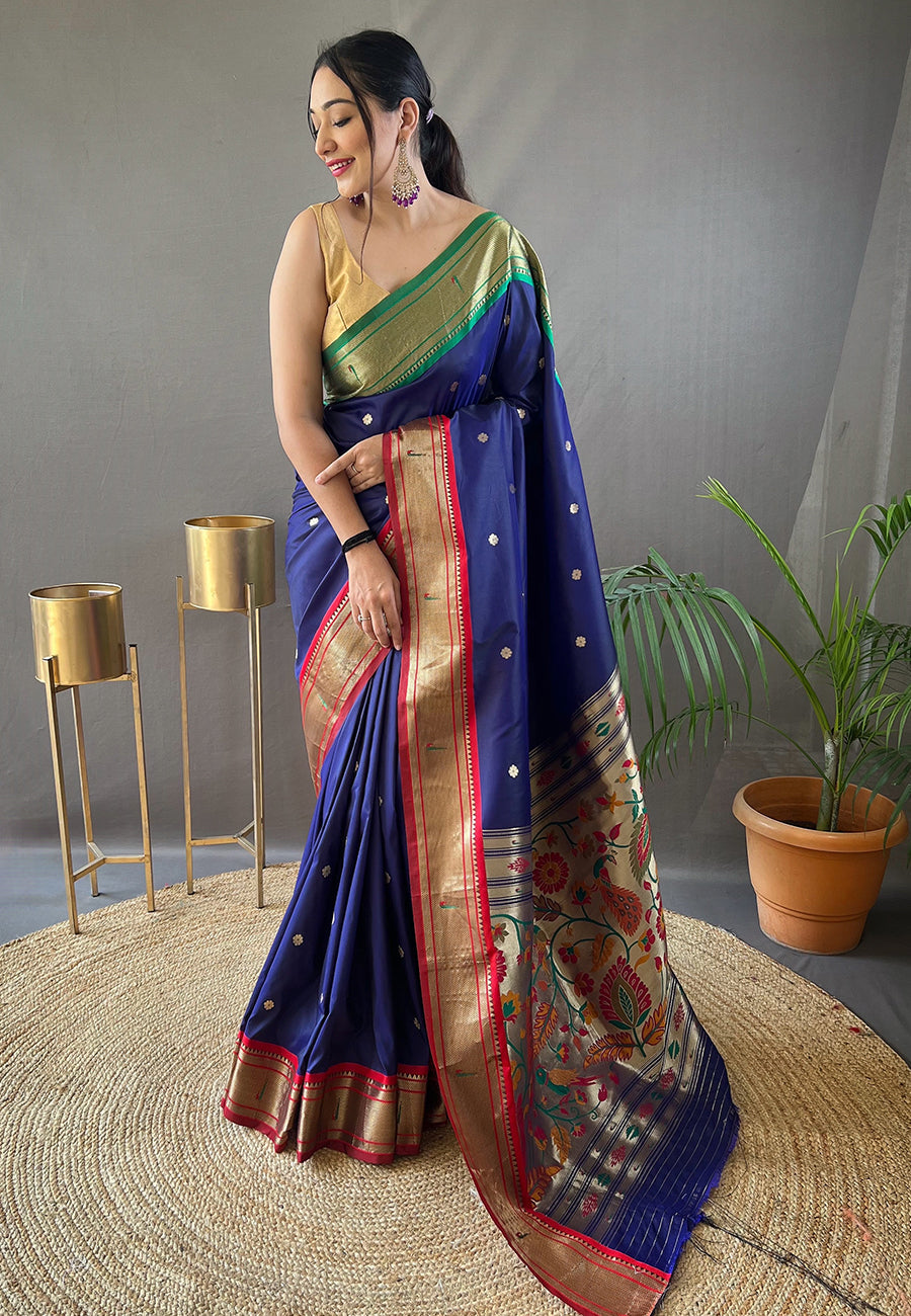 Buy MySilkLove Port Gore Blue Woven Paithani Saree Online