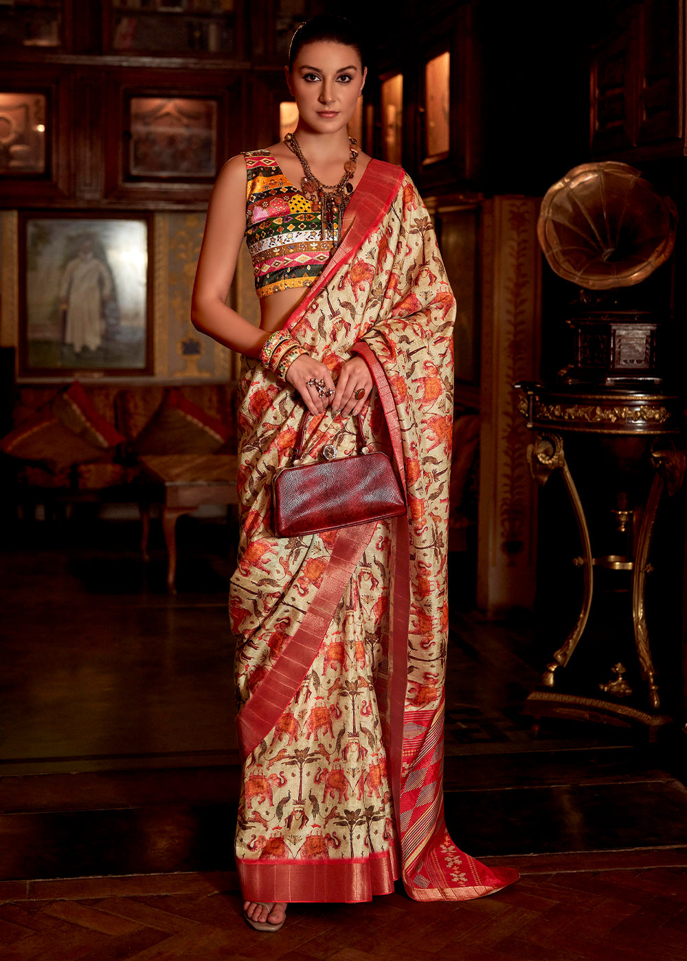 Buy MySilkLove Tumbleweed Cream and Red Printed Banarasi Saree Online