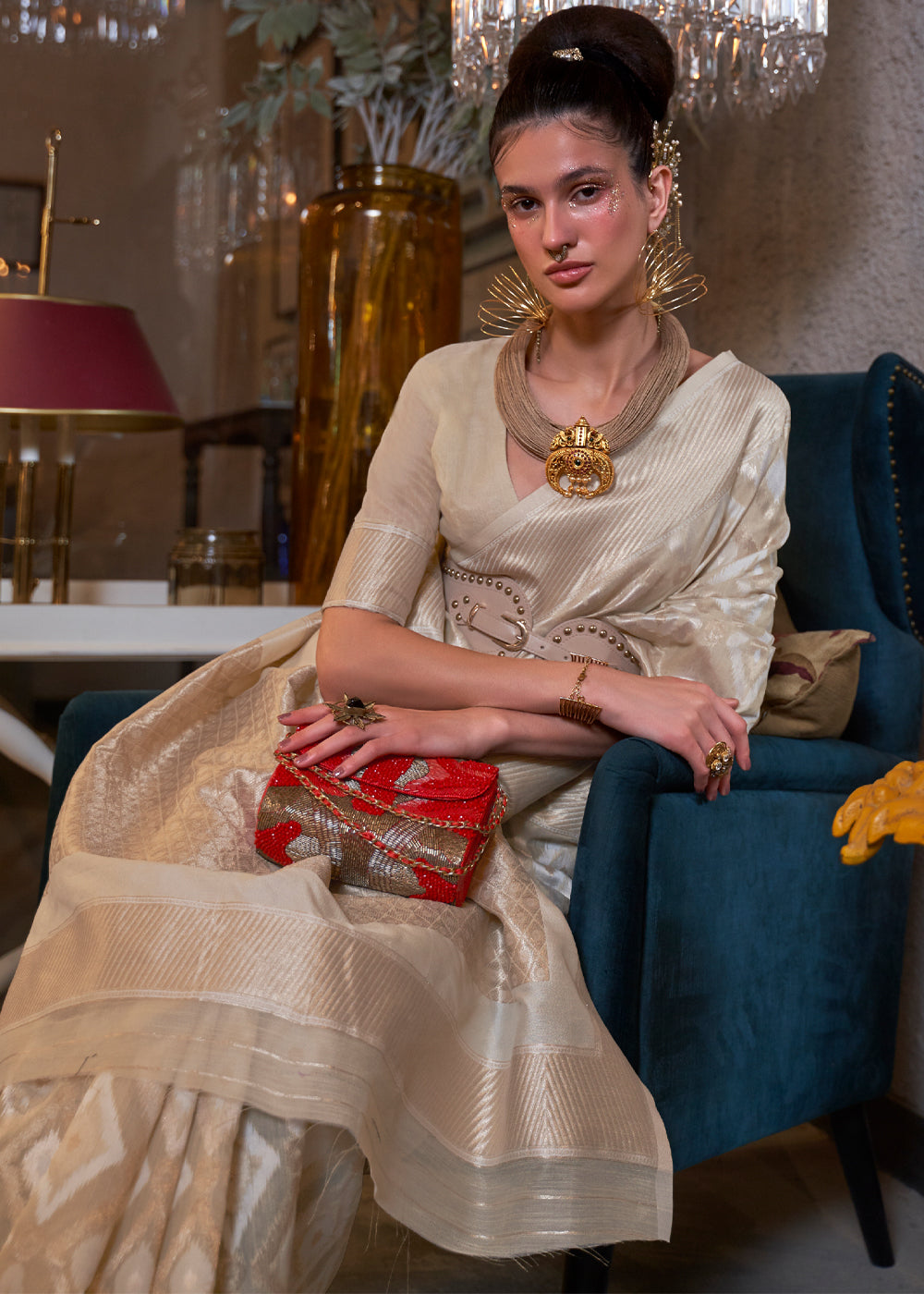 Buy MySilkLove Coral Reef Cream Woven Banarasi Linen Silk Saree Online