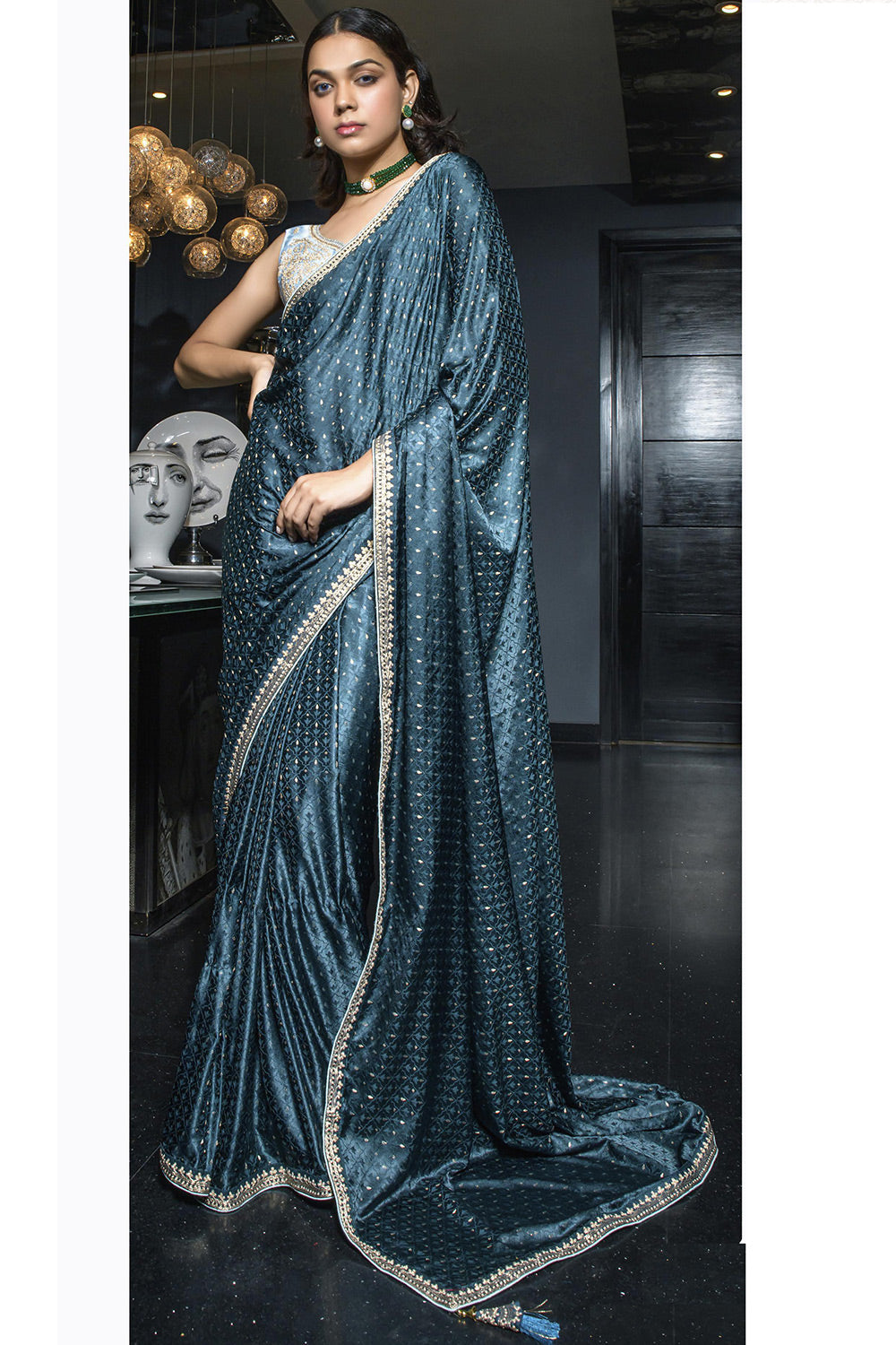 Buy MySilkLove Space Sparkle Blue Satin Saree Online