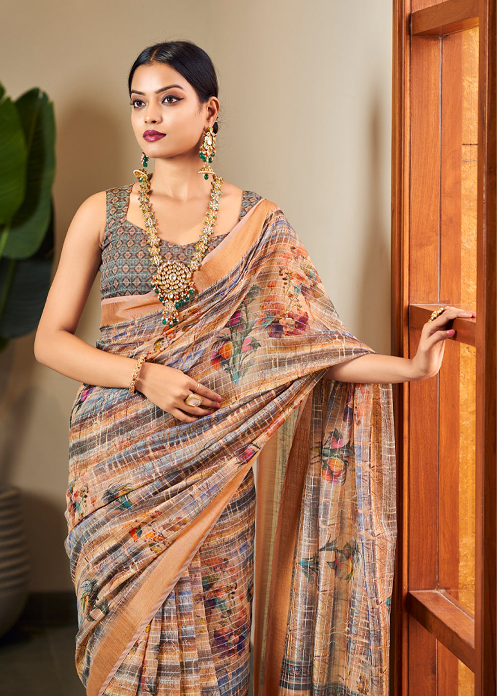 MySilkLove Caramel Brown Linen Saree with Digital Print