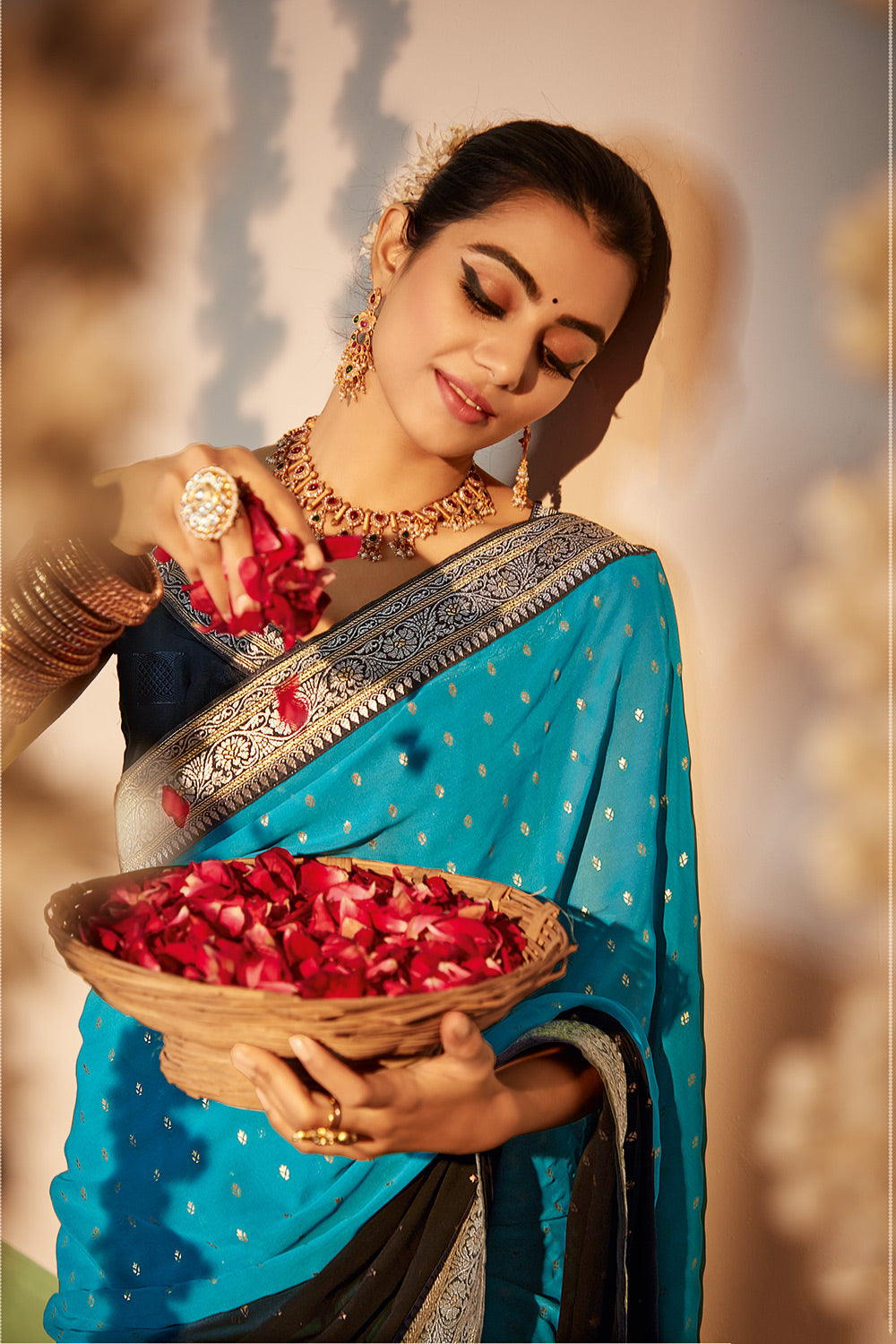 Buy MySilkLove Jade Blue and Black Printed Georgette Saree Online