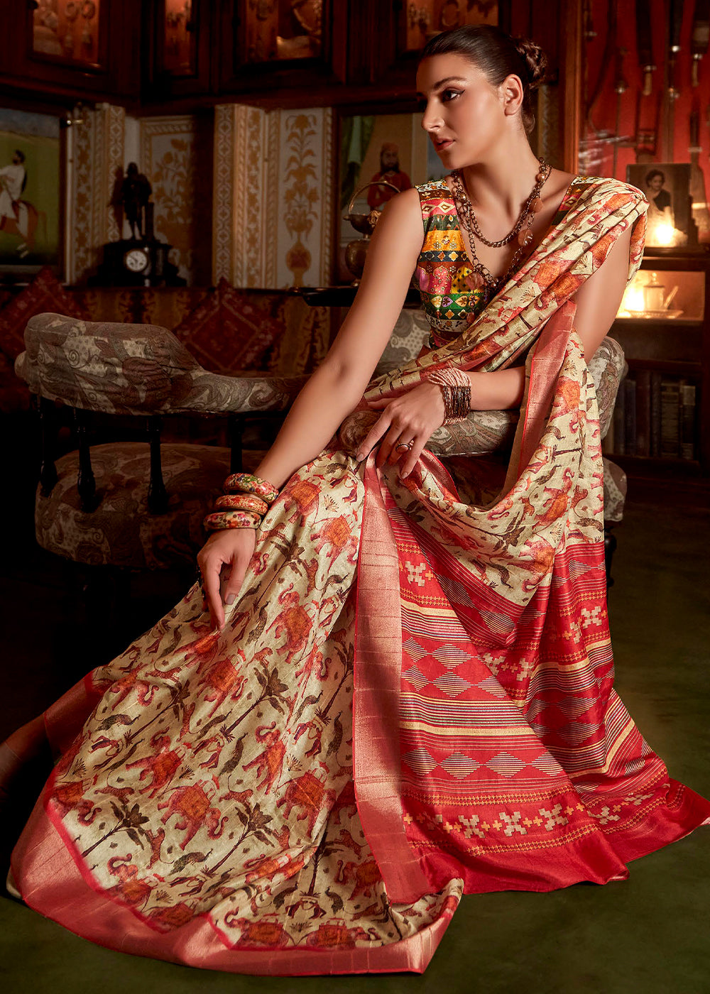 Buy MySilkLove Tumbleweed Cream and Red Printed Banarasi Saree Online