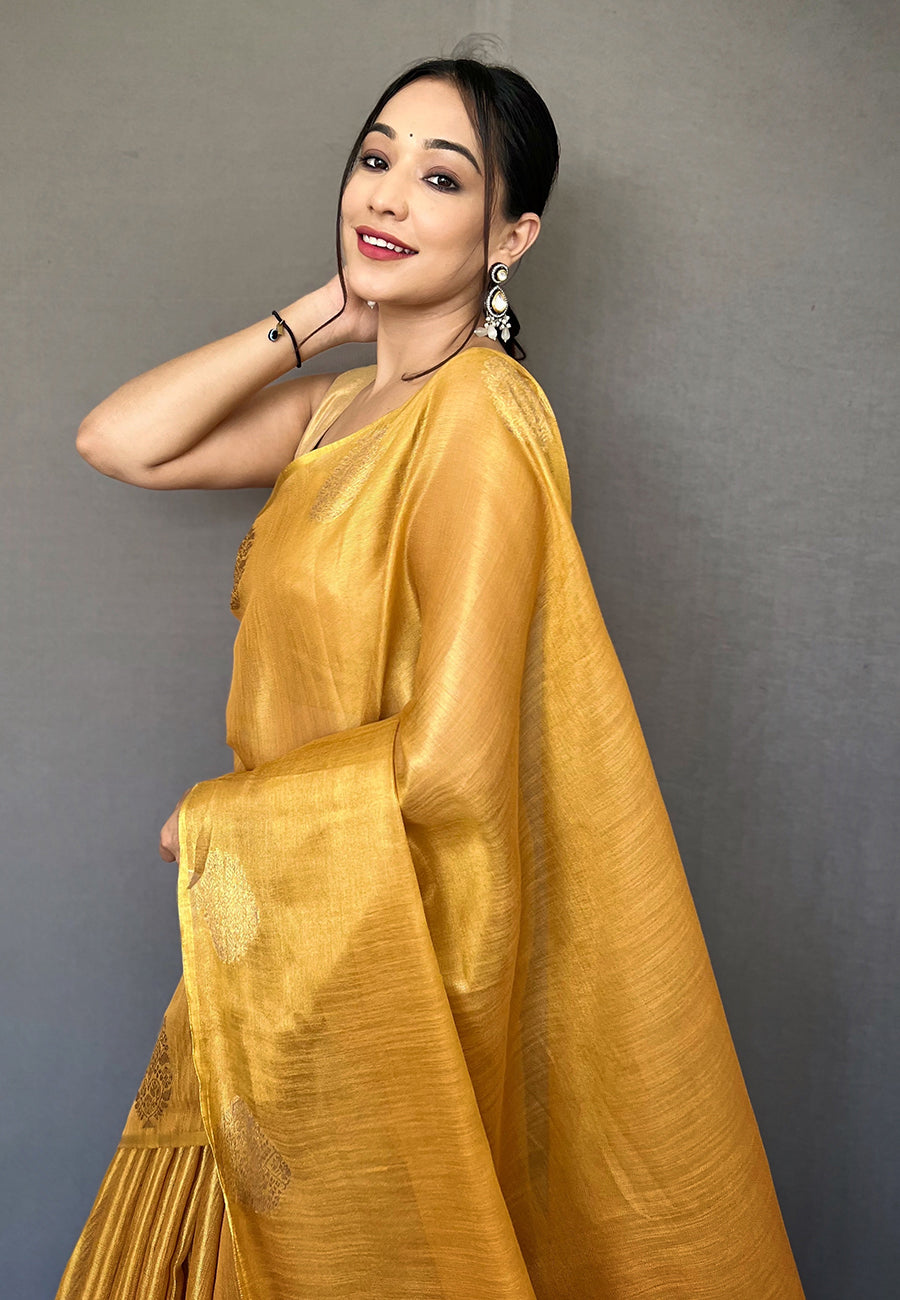 Buy MySilkLove Tulip Tree Yellow Zari Woven Banarasi Tissue Silk Saree Online