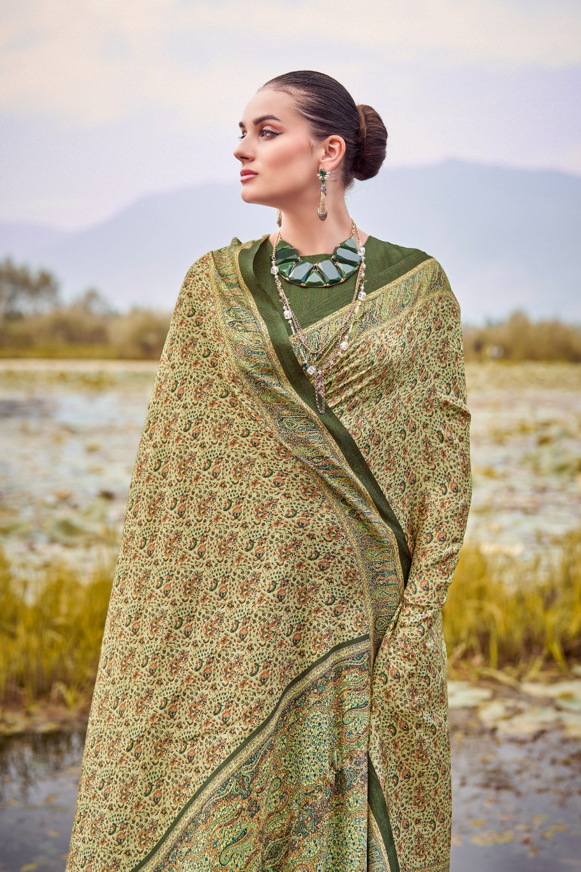 Buy MySilkLove Sandal Green Printed Pashmina Silk Saree Online