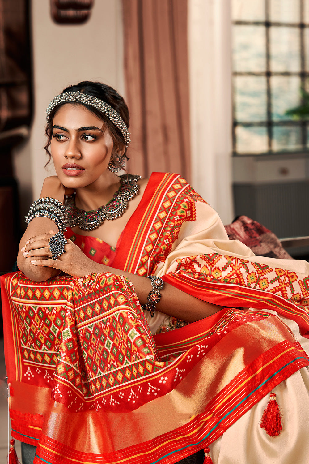 Buy MySilkLove Mandys Cream and Red Printed Patola Saree Online