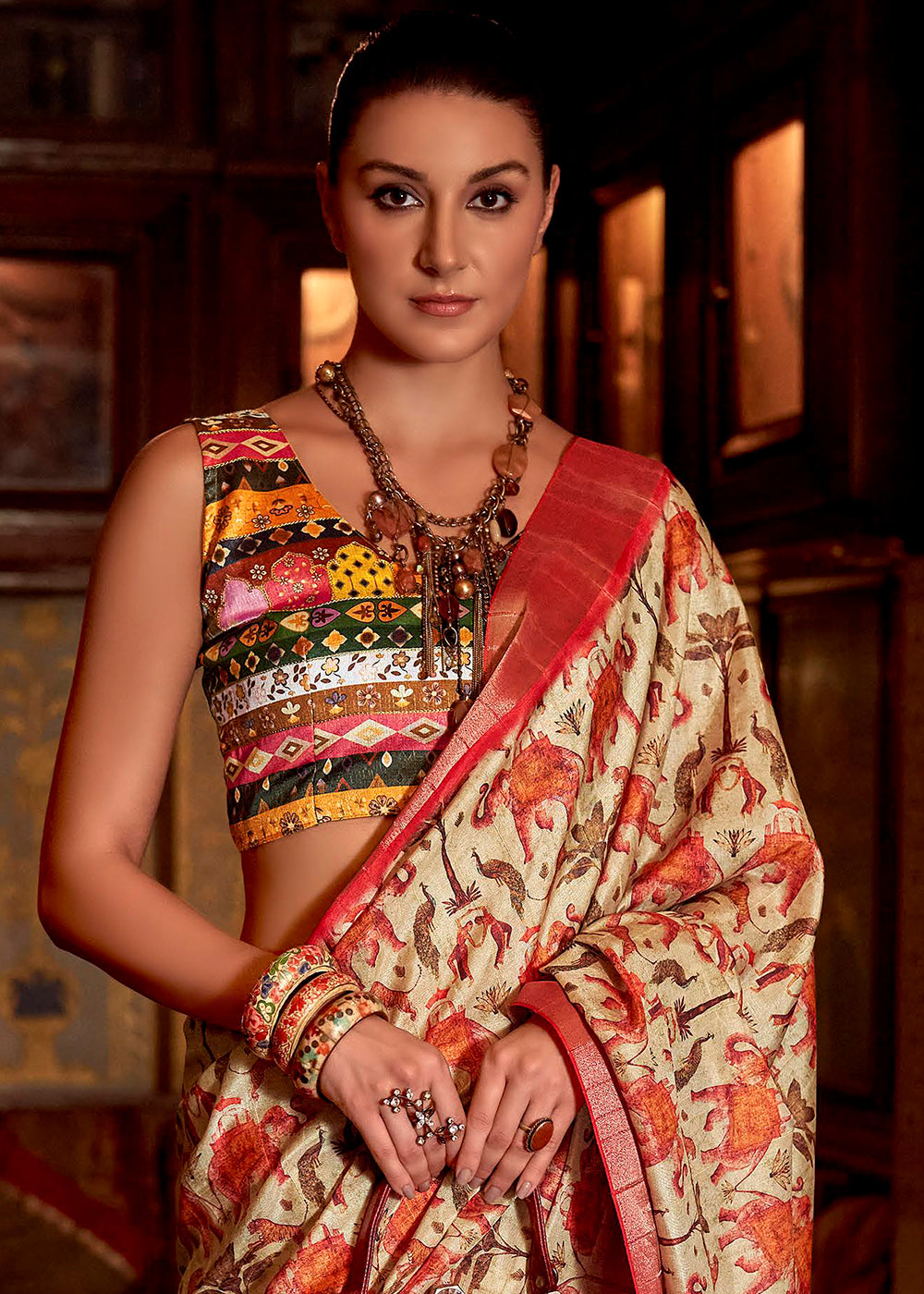 Buy MySilkLove Tumbleweed Cream and Red Printed Banarasi Saree Online