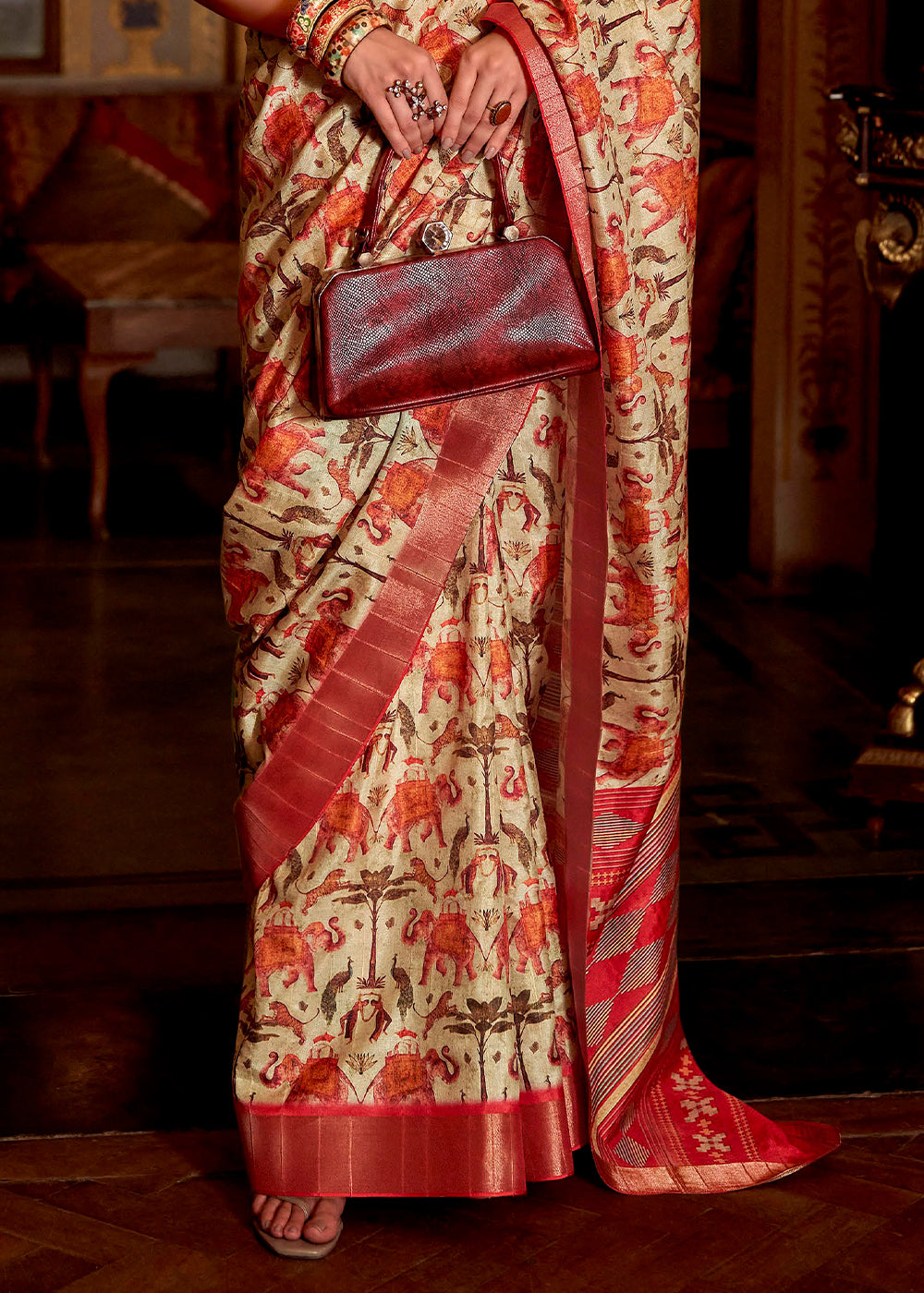 Buy MySilkLove Tumbleweed Cream and Red Printed Banarasi Saree Online