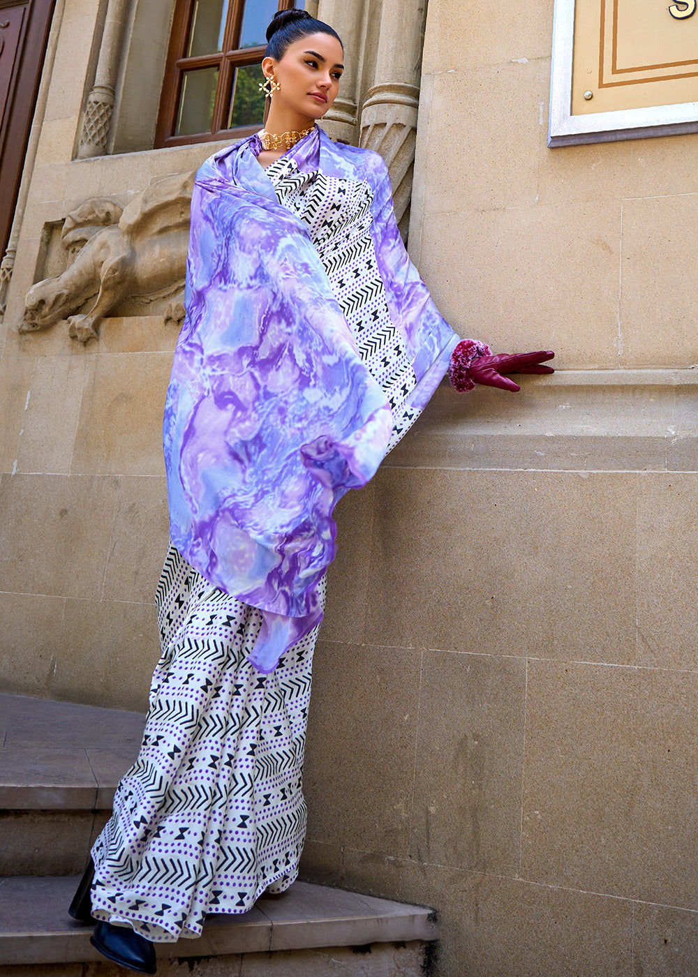 Buy MySilkLove Melrose Lavender Printed Satin Crepe Sarees Online