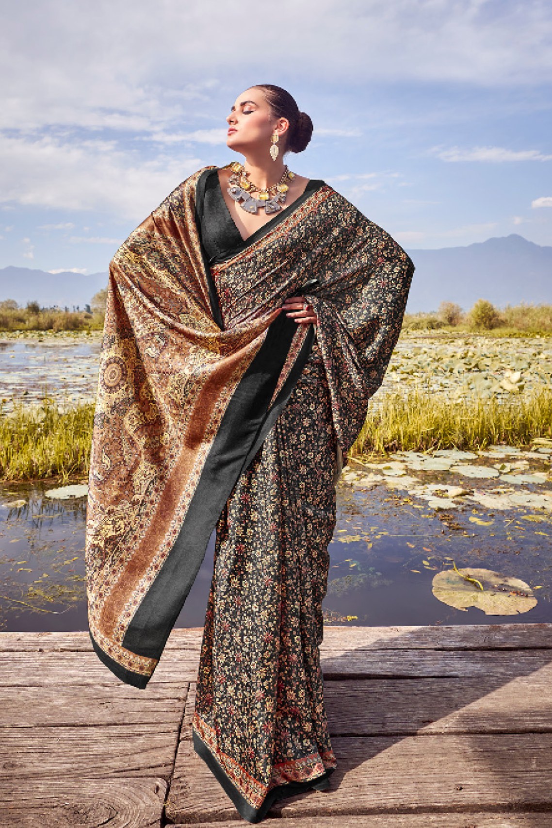 Buy MySilkLove Cape Cod Black Printed Pashmina Silk Saree Online