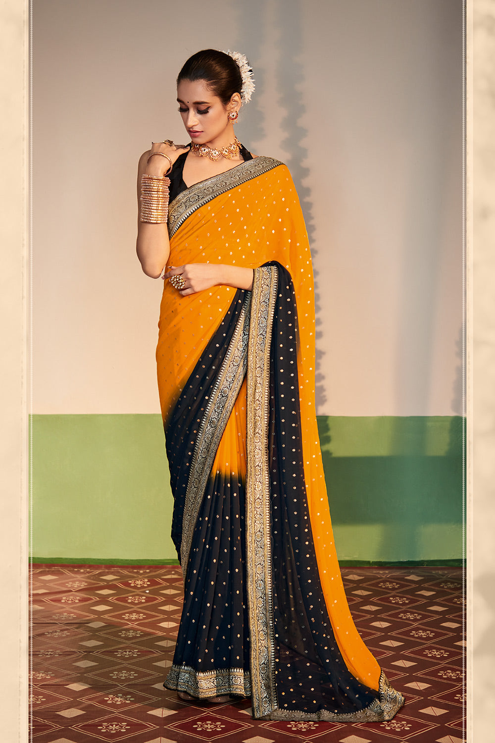 Buy MySilkLove Tangerine Yellow and Black Printed Georgette Saree Online